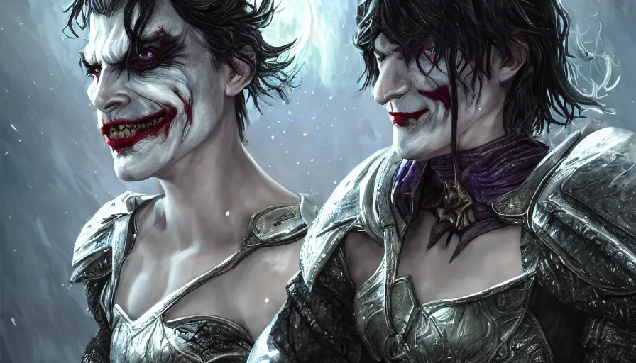 Prompt: skyrim character screenshot portrait of the joker as a delicate fragile celestial queen, batman, forest, enb, bokeh, 4 k, godlike, upper body, fantasy, intricate, elegant, highly detailed, digital painting, artstation, concept art, sharp focus, illustration, art by artgerm and greg rutkowski and alphonse mucha