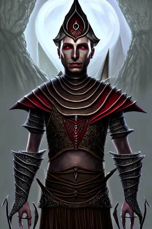 Image similar to hyperrealistic morrowind dunmer male nerevarine in front of balmora, red eyes, 3 / 4 portrait, symmetrical face, handsome face, full body dnd character portrait, medieval armor, morrowind armor, oblivion armor, skyrim armor, eso armor, intricate, highly detailed, elegant, 4 k, artstation, deviantart