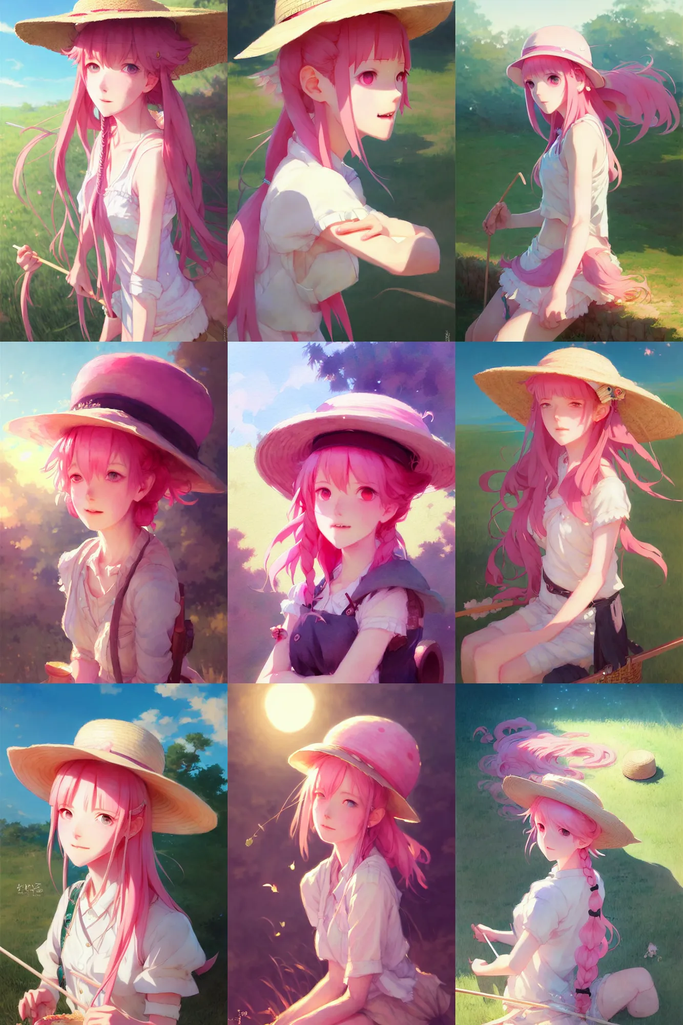 Prompt: portrait of a cute girl with pink hair with straw hat camping, illustration, top lighting, perfect shadow, soft painting, leaning towards watercolor, art by hidari and krenz cushart and wenjun lin and akihiko yoshida and caidychen