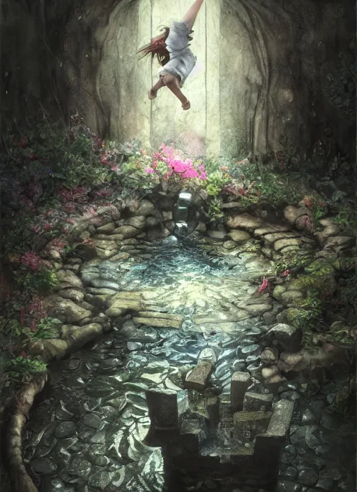 Image similar to portrait, a little girl falling down a wishing well into another realm, magical, fantasy, watercolor, dramatic lighting, cinematic, establishing shot, extremely high detail, foto realistic, cinematic lighting, pen and ink, intricate line drawings, by Yoshitaka Amano, Ruan Jia, Kentaro Miura, Artgerm, post processed, concept art, artstation, matte painting, style by eddie mendoza, raphael lacoste, alex ross