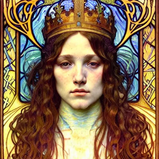 Image similar to detailed realistic beautiful young medieval queen face portrait by jean delville, alphonse mucha, vincent van gogh, and marco mazzoni, art nouveau, symbolist, visionary, gothic, pre - raphaelite
