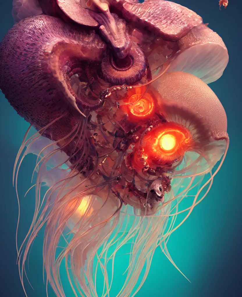 Image similar to goddess close-up portrait ram skull. jellyfish phoenix head, nautilus, orchid, skull, betta fish, bioluminiscent creatures, intricate artwork by Tooth Wu and wlop and beeple. octane render, trending on artstation, greg rutkowski very coherent symmetrical artwork. cinematic, hyper realism, high detail, octane render, 8k