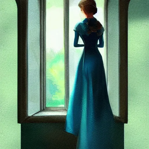 Image similar to a woman in an open dress royal dress looking out a castle window, ArtStation trending, detailed, digital art, calm colors,