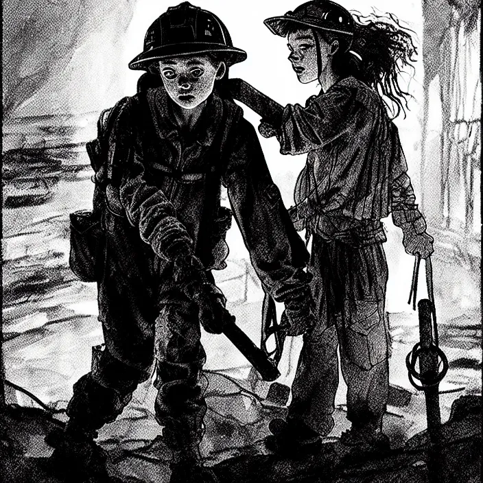 Image similar to tired sadie sink as a miner emerges out of the dark coal mine. storyboard, scifi cyberpunk. by gabriel hardman, joe alves, chris bonura. cinematic atmosphere, detailed and intricate, perfect anatomy