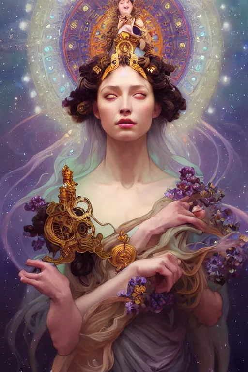 Prompt: Full view realistic Celestial Goddess of cosmic nebula in a beautiful dress, 4k digital illustration by Mandy Jurgens and Ruan Jia, ornate Iconography background in the style of Alphonse Mucha, tarot card, stunning portrait, amazing magnificent mystical illustration, award winning art, detailed and realistic, soft lighting, intricate details, realistic, full view, Artstation, CGsociety
