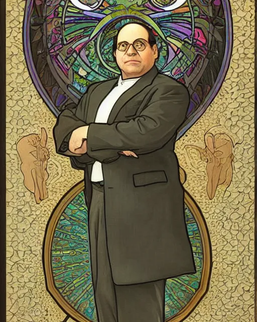 Prompt: “ george costanza!!!!!!!!!!!!! from seinfeld holding grumpy cat, halo, art nouveau, extremely detailed, by alphonse mucha ”