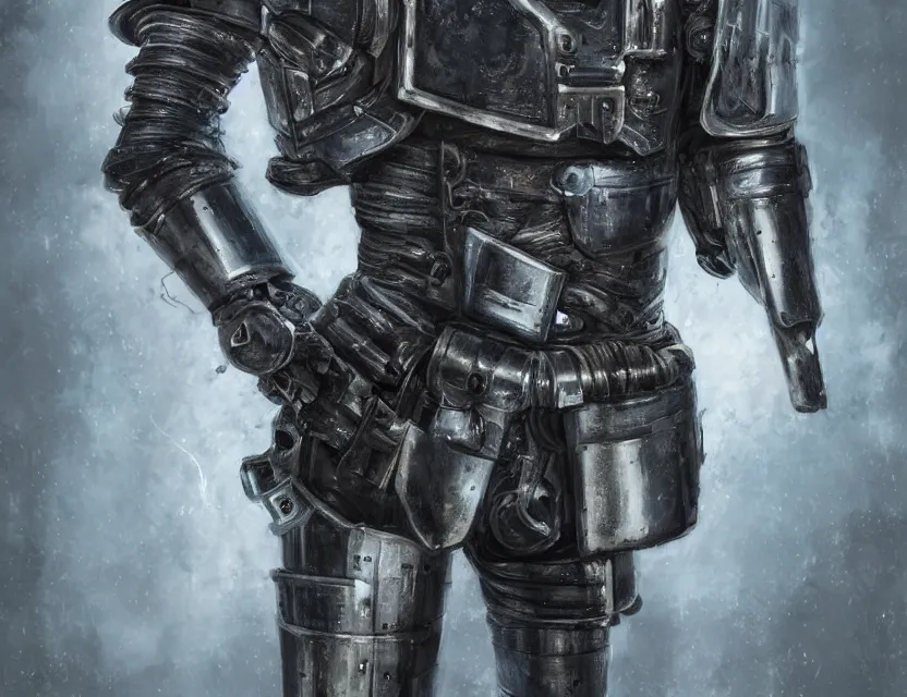 Image similar to a detailed portrait painting of a lone bounty hunter wearing combat armour and a reflective visor. Head and chest only. Brutalist, dystopian. Dieselpunk elements. Movie scene, cinematic sci-fi scene. Flight suit, cloth and metal, accurate anatomy. Samurai influence, knight influence. fencing armour. portrait symmetrical and science fiction theme with lightning, aurora lighting. clouds and stars. Atmospheric. Futurism by moebius beksinski carl spitzweg moebius and tuomas korpi. baroque elements. baroque element. intricate artwork by caravaggio. Oil painting. Trending on artstation. 8k