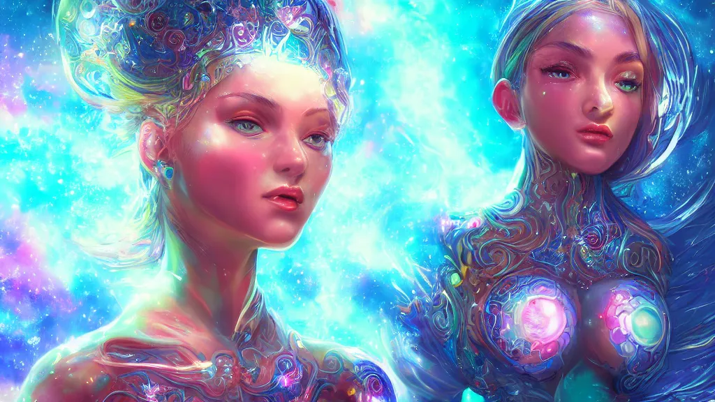 Image similar to highly detailed close up portrait of a celestial girl with a body made of cosmic energy, character art, studio lightning, bright colors, intricate, masterpiece, photorealistic, hiperrealistic, sharp focus, high contrast, Artstation HQ, DeviantArt trending, 4k UHD, Unreal Engine 5