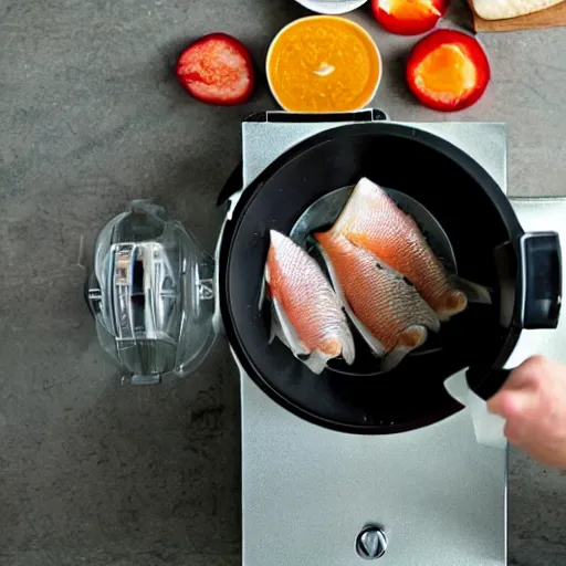 Prompt: fish being cut in a food processor