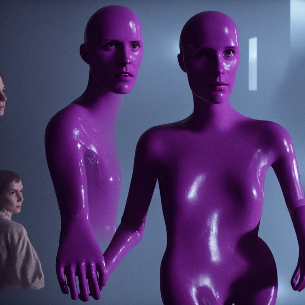 Image similar to cinestill of a giant hand made of purple wax float through the living room film still from the movie directed by denis villeneuve with art direction, pouring rain menacing lights shadows, 8 k, hd, high resolution, 3 5 mm, f / 3 2, ultra realistic faces, ex machina