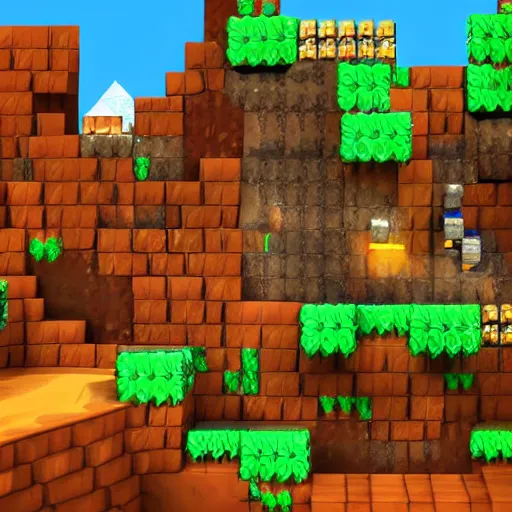 Image similar to Donkey Kong Country level depicting a beautiful mine with shiny crystals on the wall, floating barrels and minecarts. In-game screenshot