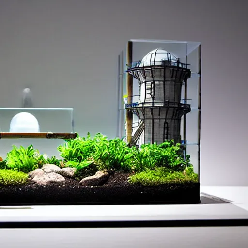 Image similar to a terrarium with a nuclear power plant diorama inside on top of a minimalist table, lit from the side