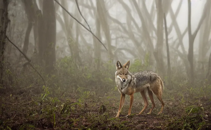 Prompt: a coyote in a foggy jungle, photography