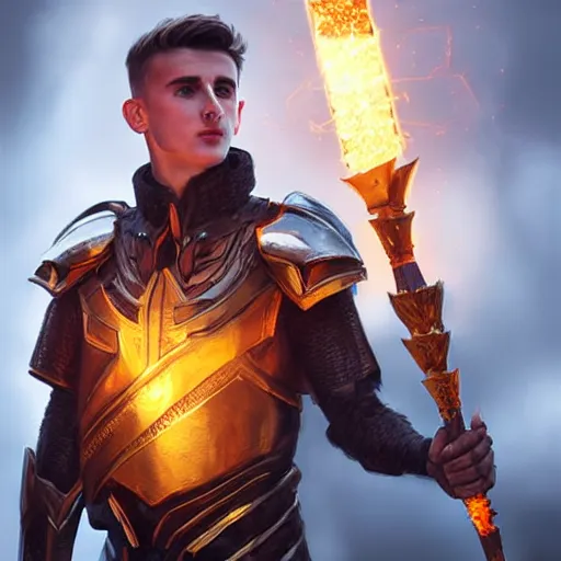 Prompt: Mason Mount wearing metal armour holding a glowing fire magical staff. Trending on Artstation, octane render, ultra detailed, art by Ross tran