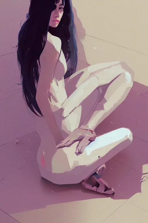 Image similar to a ultradetailed beautiful painting of a stylish woman sitting on the floor of a tiled room, by greg rutkowski, conrad roset, and ilya kuvshinov trending on artstation