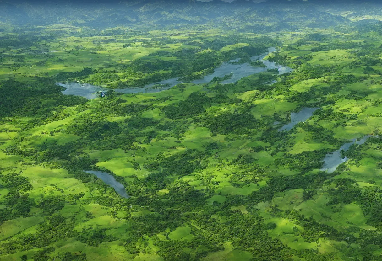 Prompt: the emerald grassland and rivers from a half bird, s - eye view is sunny and lush, with mountains in the distance, by hiroshi yoshida and greg rutkowskicuilang plain, 4 k, artstation