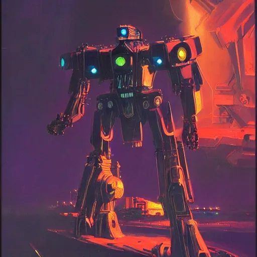 Prompt: a dark and colorful close - up of a sci - fi mecha spaceship with led lights glowing fog in the background. highly detailed science fiction painting by norman rockwell, frank frazetta, and syd mead. rich colors, high contrast, gloomy atmosphere, dark background. trending on artstation