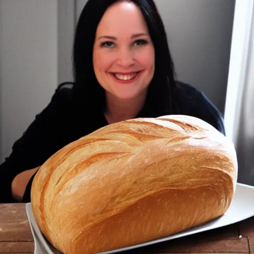 Prompt: a loaf of bread with jennifer loper face on