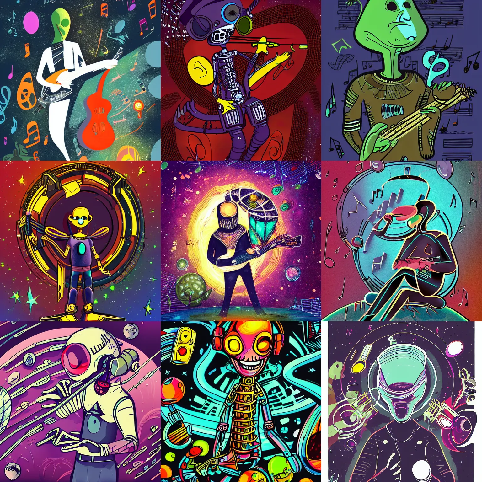 Image similar to an alien musician lost in space, surrounded by music, dark colors, digital art, hd, stylized character