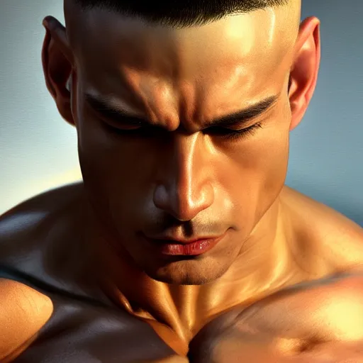 Image similar to a beautiful muscular man, close up portrait, aesthetic, oil painting, pale colors, high detail, 8 k, wide angle, octane render, trending on artstation,