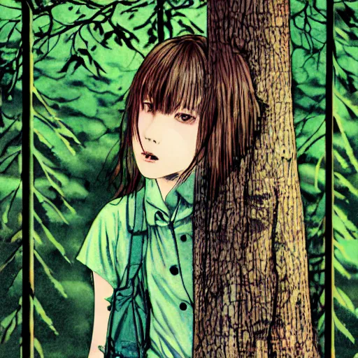 Image similar to detailed cute girl in a forest, style from asano inio, detailed face