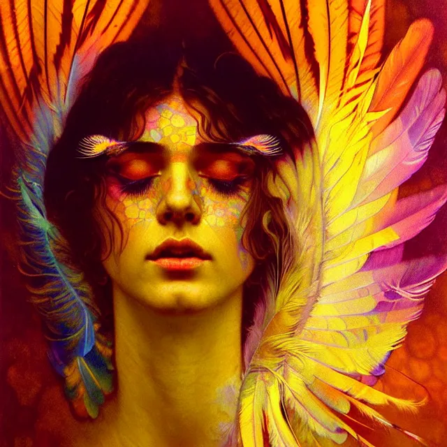 Image similar to face of innocent psychedelic transcendent feather mind bending psychedelic wings of glossy liquid honey flowing like kaleidoscopic translucent holograph, lsd feathers, feathery fluff, enlightenment, high contrast dappled lighting, refracted sunset, highly detailed, concept art, art by collier, albert aublet, krenz cushart, artem demura, alphonse mucha