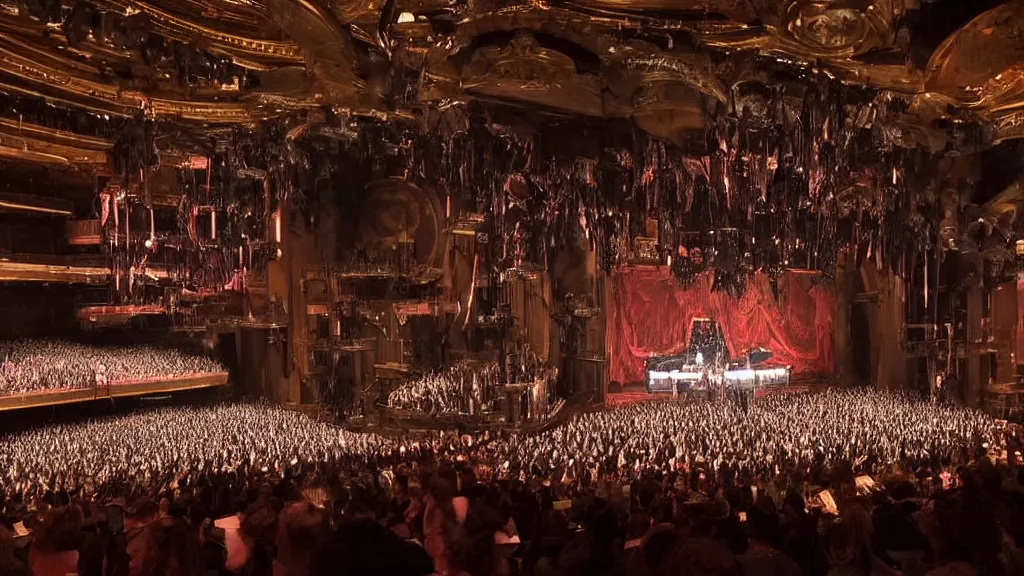 Prompt: fantastical opera set featuring glowing stacked computer monitors on stage, with dancers flying on stage, professional photo from the perspective of the audience with the blurry black silhouettes of audience members in the foreground. Inside the Metropolitan Opera House, looking down the aisle