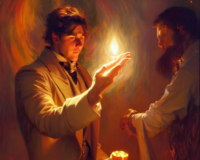 Image similar to attractive magician man, casting light magic, summoning a handsome god. highly detailed painting by gaston bussiere, craig mullins, j. c. leyendecker 8 k