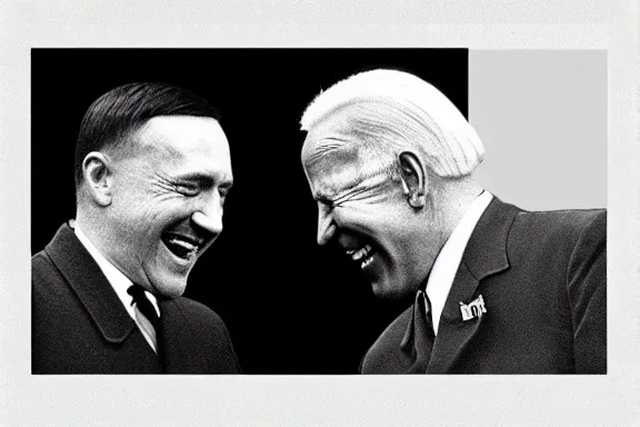 Image similar to “ very very intricate photorealistic photo of hitler and joe biden laughing together, detailed natural lighting, award - winning crisp details ”