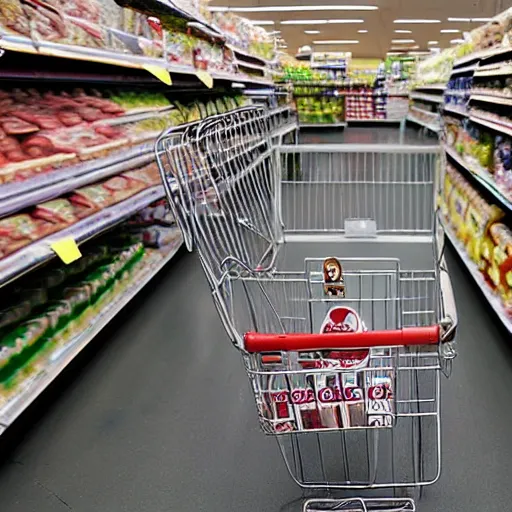 Image similar to a supermarket where every shopping cart includes a tiny, angry clone of donald trump that sits in the basket and screams for the duration of your shopping trip