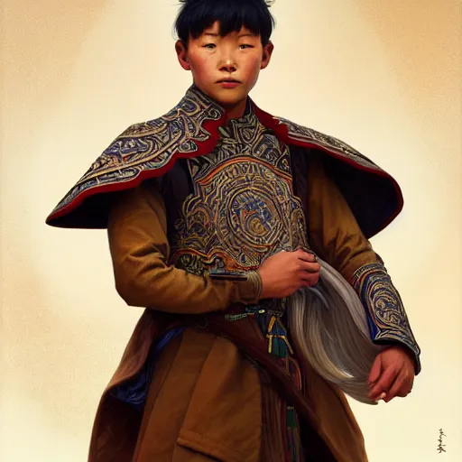 Prompt: illustration of a mongolian boy, d & d, fantasy, intricate, elegant, highly detailed, digital painting, artstation, concept art, smooth, sharp focus, illustration, art by artgerm and greg rutkowski and alphonse mucha