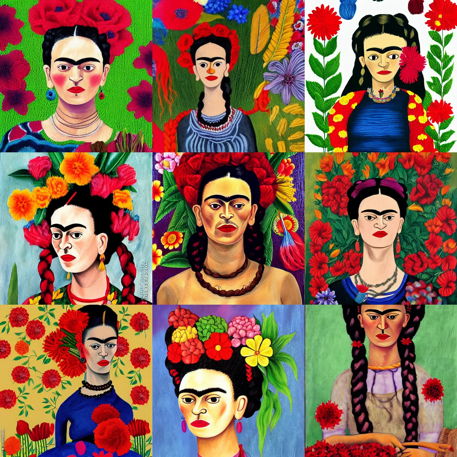 Prompt: frida kahlo style painting a woman with long red hair knitting a made out of flowers