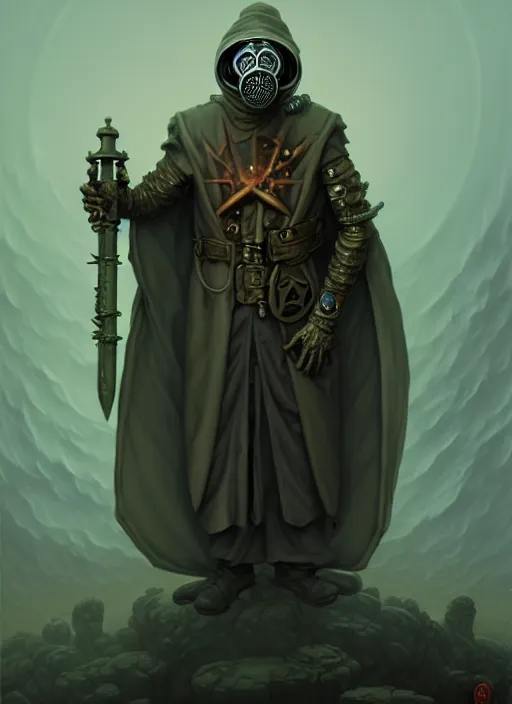 Prompt: old necromancer, wearing a wizard cloak, gas mask, by peter mohrbacher, hyper detailed, intricate, complex, 8 k, crisp,