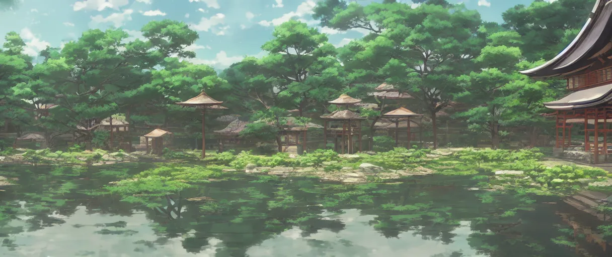 Image similar to a beautiful anime of a Japanese countryside, pagodas, small pond, style of Mokoto Shinkai, anime, trending on ArtStation.