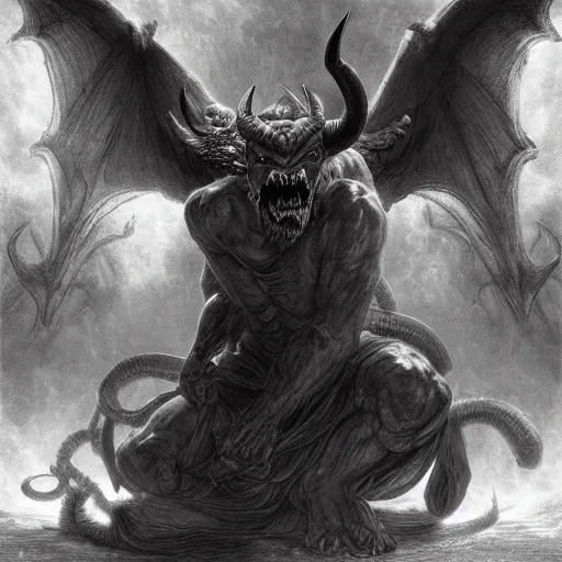 Image similar to full body, grayscale, muscled humanoid balrog demon, horns, claws, large horned tail, heroic pose, flames, fire, tarot, Gustave Dore, Greg Rutkowski,