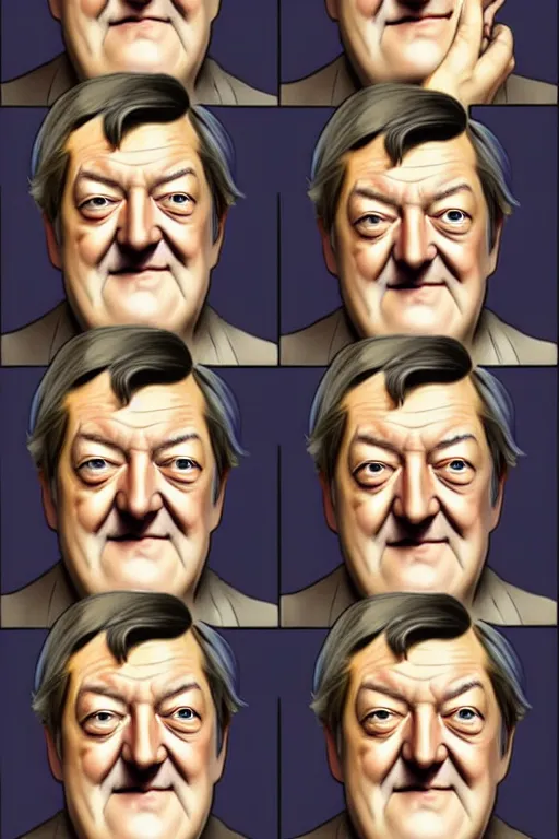 Image similar to stephen fry winking his left eye at the camera, in the style of art by artgerm and greg rutkowski and alphonse mucha