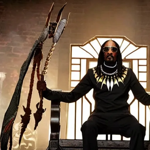 Prompt: film still of Snoop Dogg as T’Chala in the new Black Panther movie