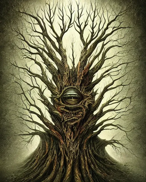 Image similar to a surreal painting of a bizarre otherworldly tree creature with many eyes, by anton semenov