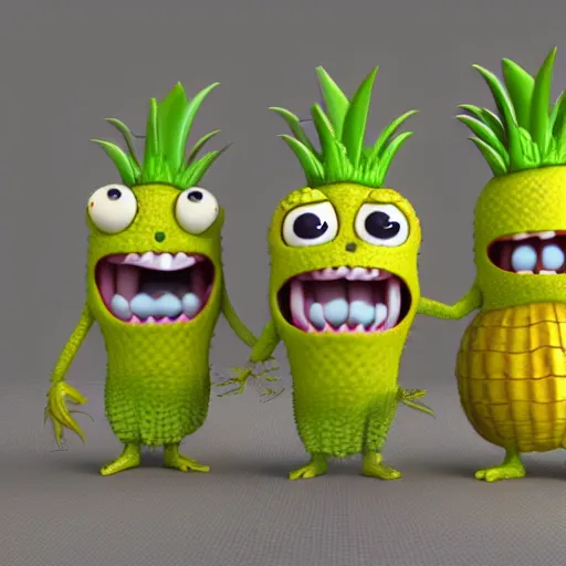 Prompt: cute anthropomorphic happy pineapple monster with big teeth and big eyes detailed character concept 3 d pixar style render 4 k