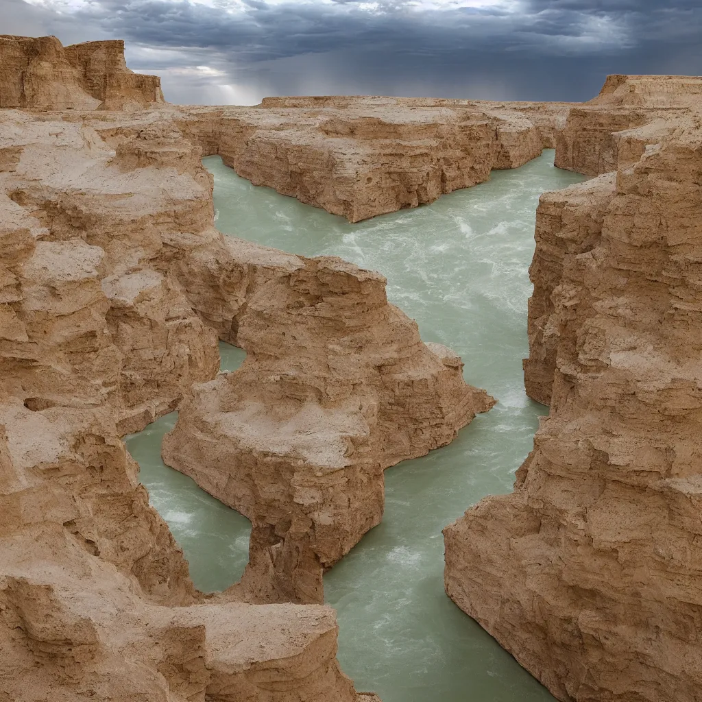 Image similar to photo of green river, wyoming cliffs during thunderstorm. the foreground and river are brightly lit by sun, and the background clouds are dark and foreboding. kodak portra 4 0 0,