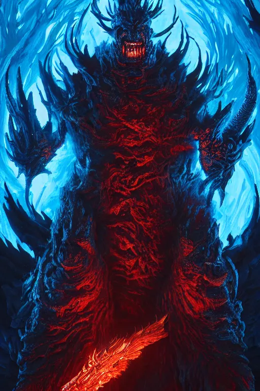 Prompt: a fancy portrait of a monstrous god covered in deep blue flames by Greg Rutkowski, Sung Choi, Mitchell Mohrhauser, Maciej Kuciara, Johnson Ting, Maxim Verehin, Peter Konig, Bloodborne , 8k photorealistic, cinematic lighting, HD, high details, atmospheric , trending on artstation