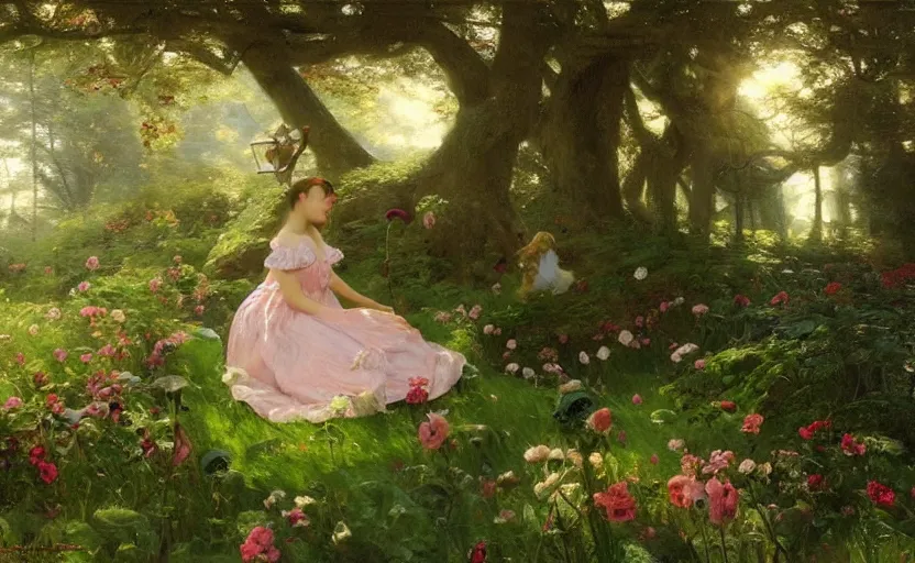 Image similar to alice in the wonderland by peder mørk mønsted and pierre auguste cot and daniel f. gerhartz