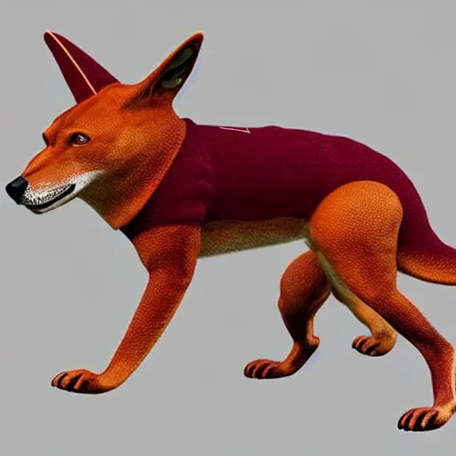 Prompt: A dingo mascot, maroon and white, NFL, highly detailed design, high evolution, legendary, smooth, sharp focus, dynamic lighting, intricate, trending on ArtStation, art by Paul Rand