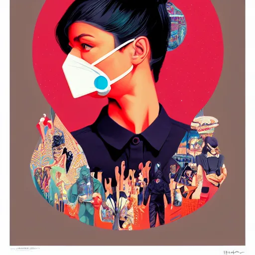 Image similar to Fashion weak portrait of people with sanitary mask, Tristan Eaton, artgerm, Victo Ngai, RHADS, ross draws