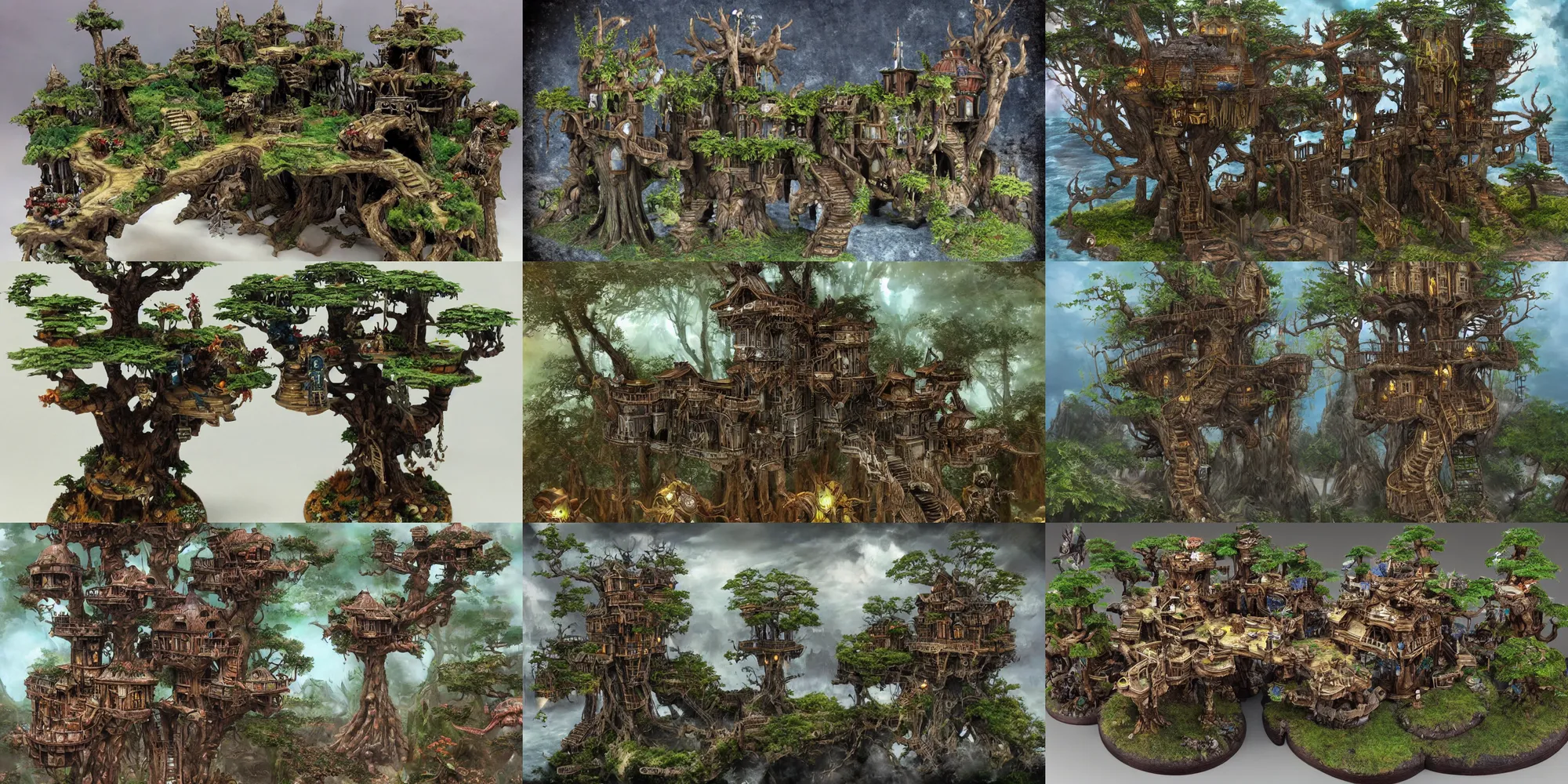 Prompt: highly realistic and detailed warhammer 4 0 k style of a magical island treehouse on the ocean