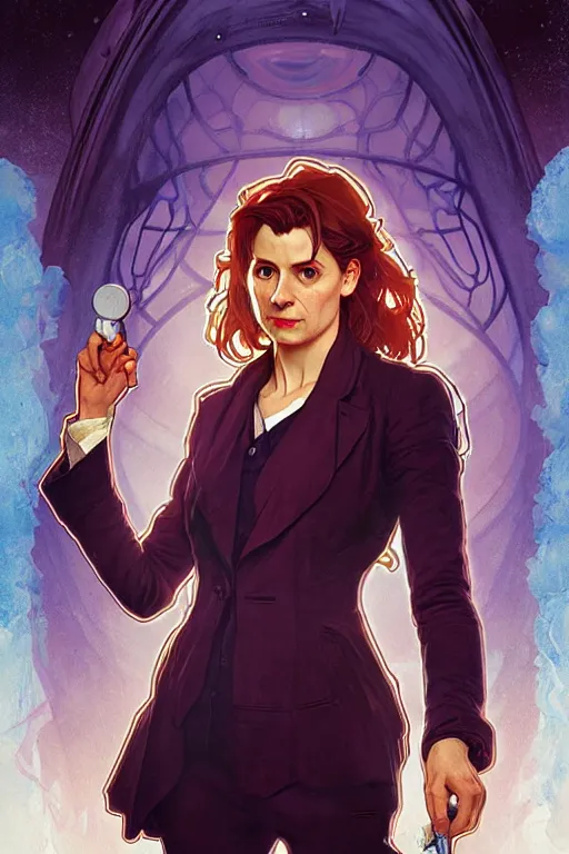 Image similar to doctor who, woman as a mad dentist in the tardis, art by artgerm and greg rutkowski and alphonse mucha