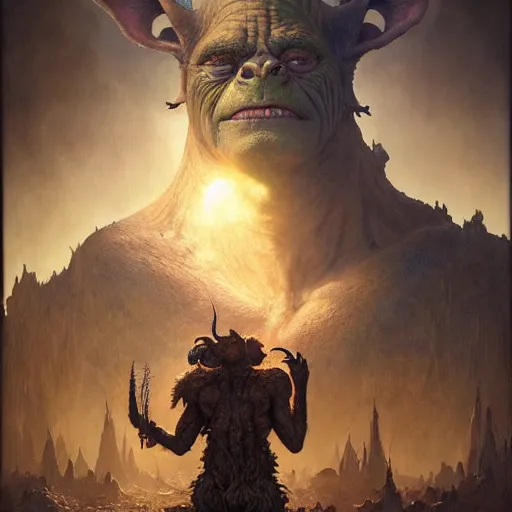 Image similar to a hyperrealistic illustration of a mix of an oger and giant and goblin, 8 k ultra realistic creature, detailed intricate, with fractal sunlight, award - winning, masterpiece, in the style of tom bagshaw, cedric peyravernay, peter mohrbacher