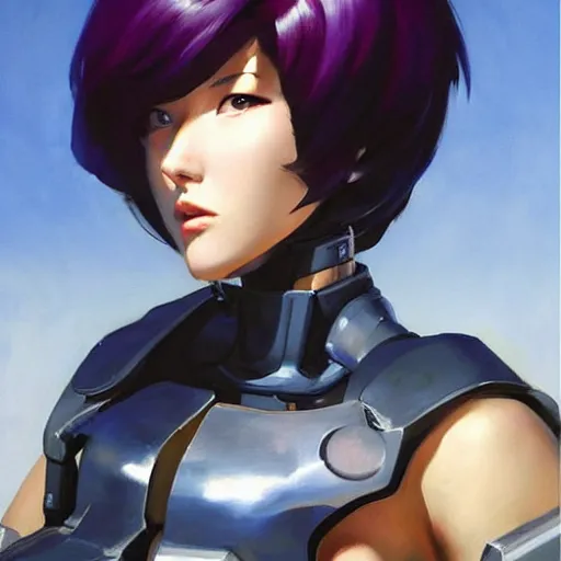 Image similar to greg manchess portrait painting of partially armored motoko kusanagi as overwatch character, medium shot, asymmetrical, profile picture, organic painting, sunny day, matte painting, bold shapes, hard edges, street art, trending on artstation, by huang guangjian, gil elvgren, ruan jia, greg rutkowski, gaston bussiere