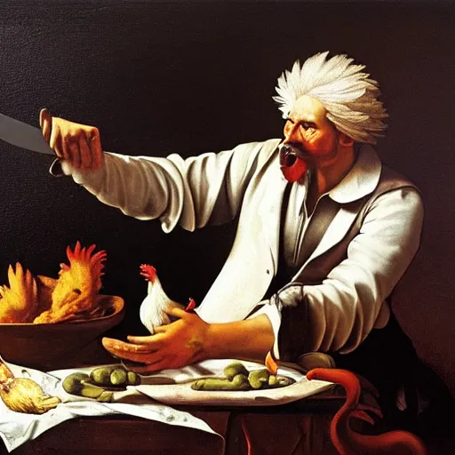 Image similar to Colonel Sanders holding kitchen knife chasing a rooster. Painted by Caravaggio, high detail