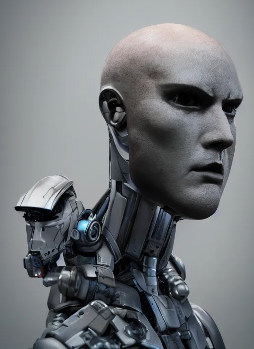 Image similar to bladerunner, cyberpunk, full head, side facial portrait of a ceramic mech humanoid robot Spanish ninja with an attractive bald head and handsome features, large glowing eyes, macho, piroca, dotado, guapo, reflective surface, overwatch, trending on cgsociety, trending on artstation